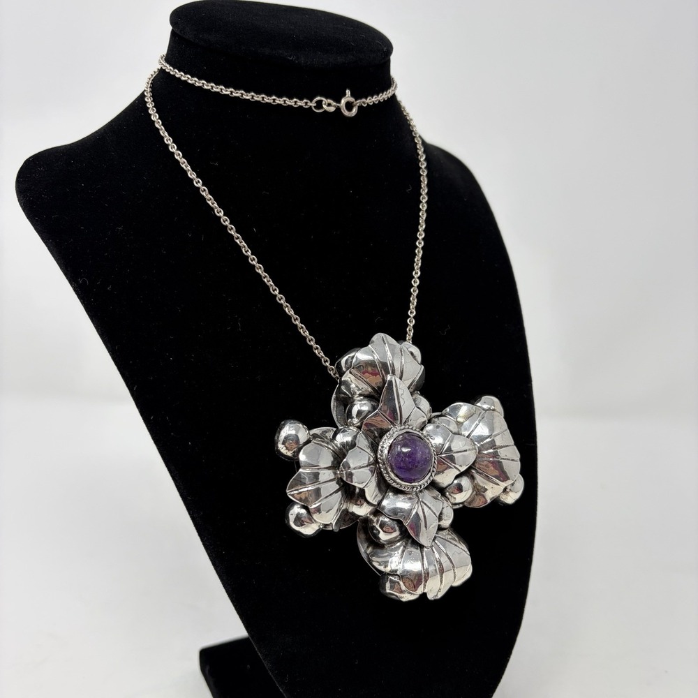 Vintage Mexican 925 Sterling Silver Amethyst Cross Pendant 62g Pre 1948 - Picture 2 of 16